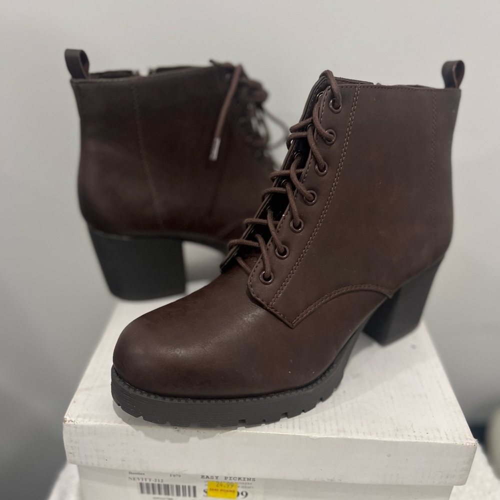 Brown Faux Leather Bootie- Size: 10